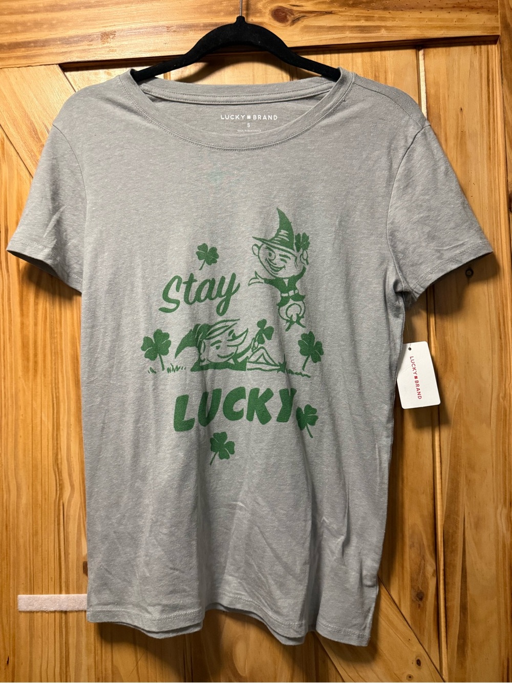 Lucky Brand Gray Short-Sleeve Tee with Green 'Stay Lucky' Graphic